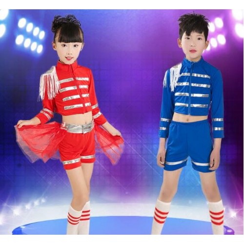 hiphop modern dance outfits for girls boys red blue singers dancers cheer leaders school performance costumes